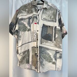 VTG Goouch Shirt Mens Large Multicolor Linen Button Up Short Sleeve Abstract Art